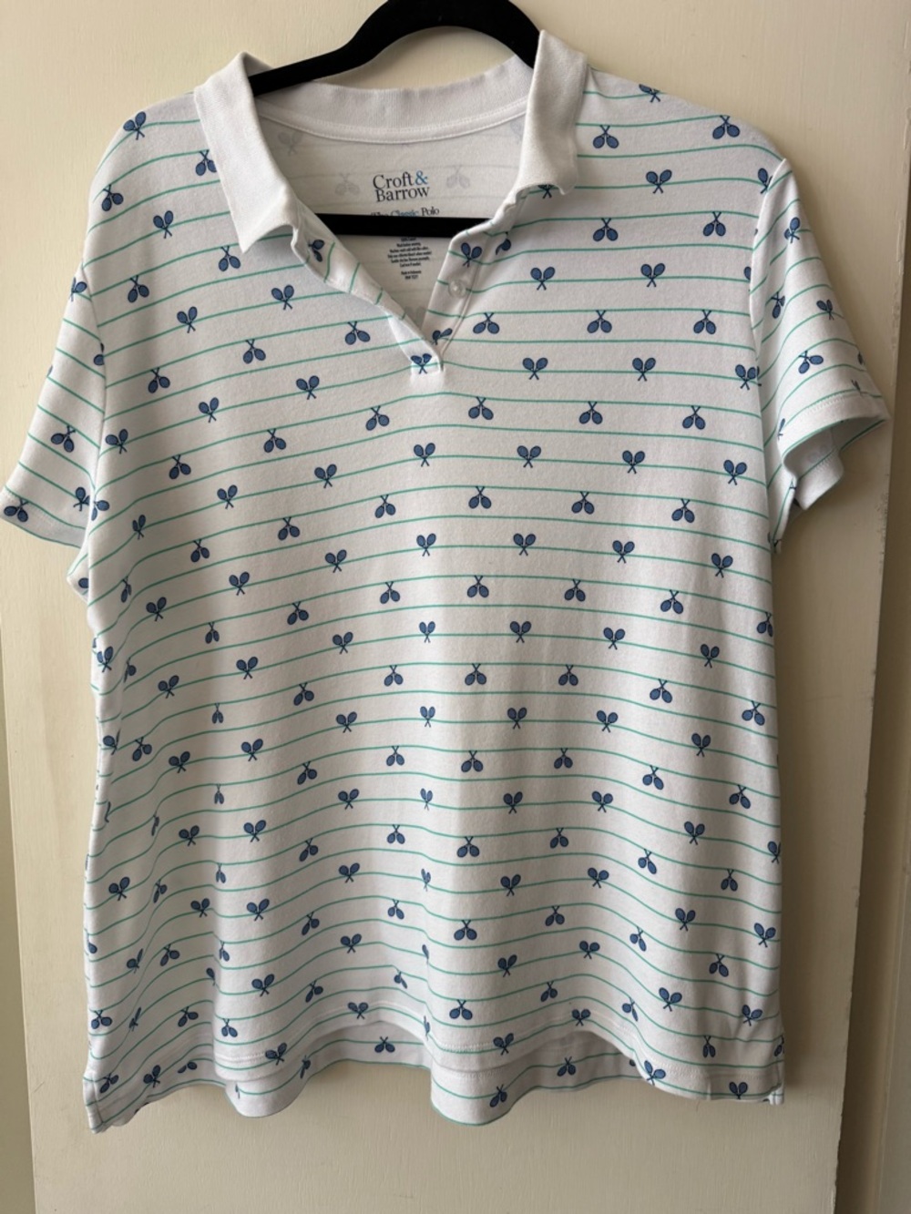Croft and Barrow White Tennis Racket Polo Shirt with Green Stripes